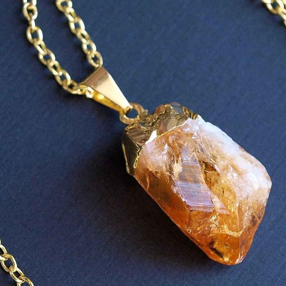Pendentif en Citrine Naturelle Brute – Pierre de Chakra avec Capuchon Doré, Bijou Spirituel Énergétique