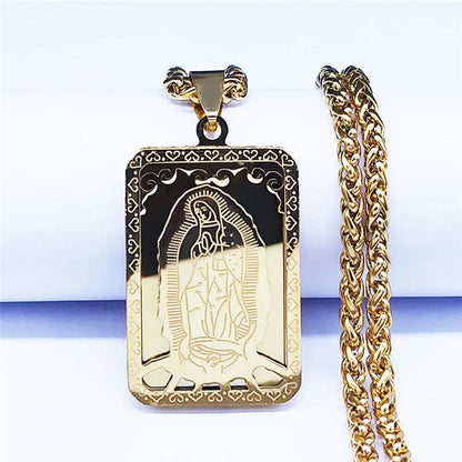 Collier médaille carrée Vierge de Guadalupe en acier 316L – bijou catholique pour homme