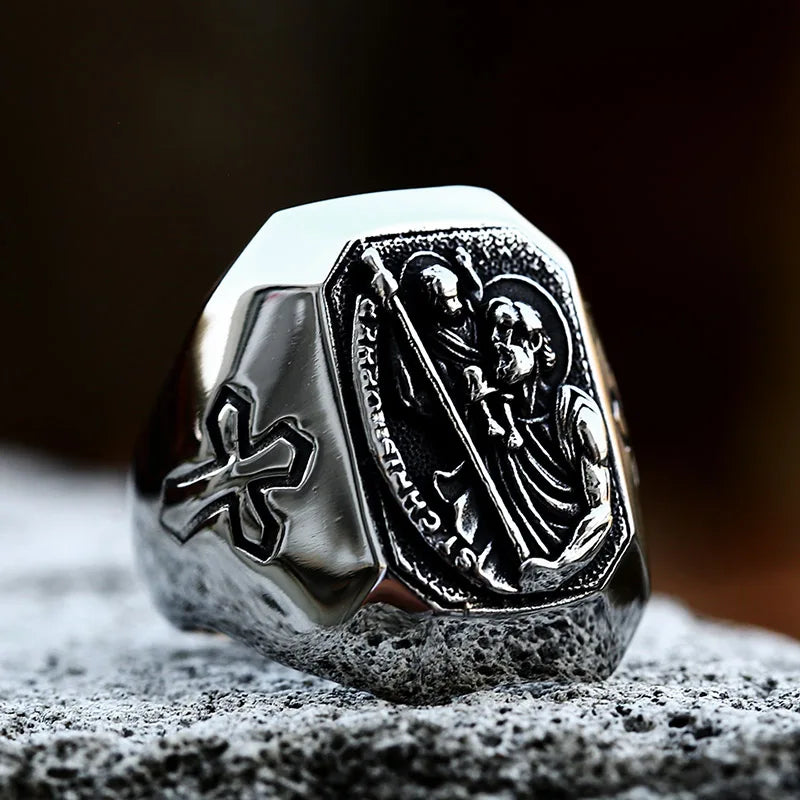 Bague Saint Christophe et Saint Michel en acier inoxydable – bijou religieux pour homme