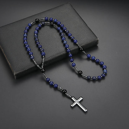 Rosenkranzkette aus blauen Steinen mit Kreuz – religiöser Unisex-Schmuck