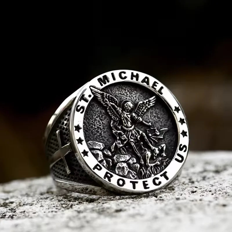 Bague Saint Michel en acier inoxydable 316L – bijou religieux pour homme