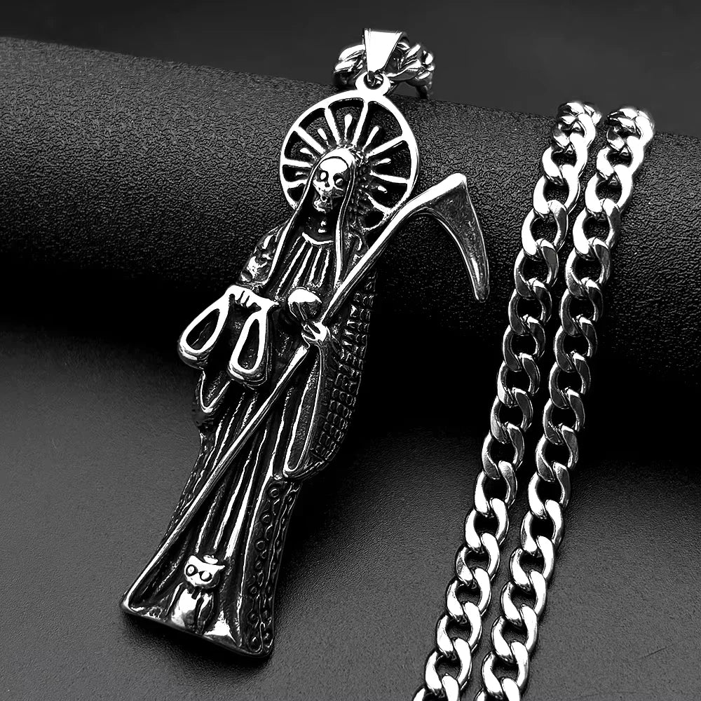 Collier Santa Muerte homme en acier inoxydable – pendentif faucheuse argenté
