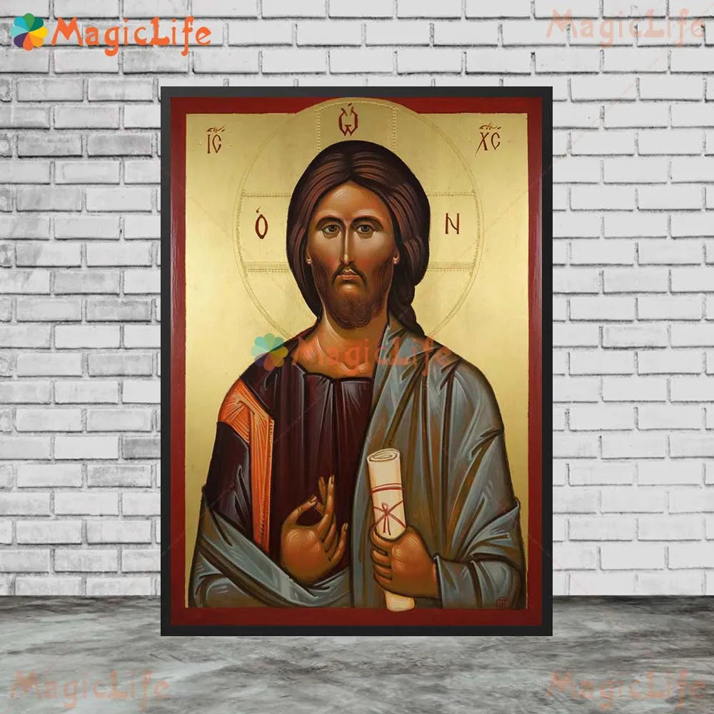 Icône religieuse du Christ Pantocrator – Tableau orthodoxe sur toile sans cadre pour église et décoration murale