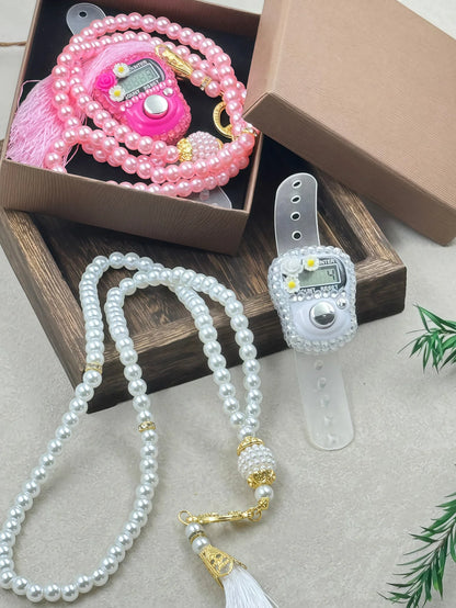 Compteur 99 perles imitation nacrées avec fleurs diamantées – Coffret cadeau élégant