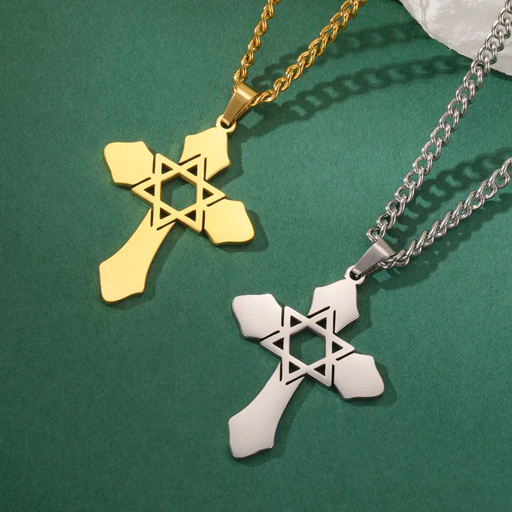 Collier Croix & Étoile de David Messianique en Acier Inoxydable