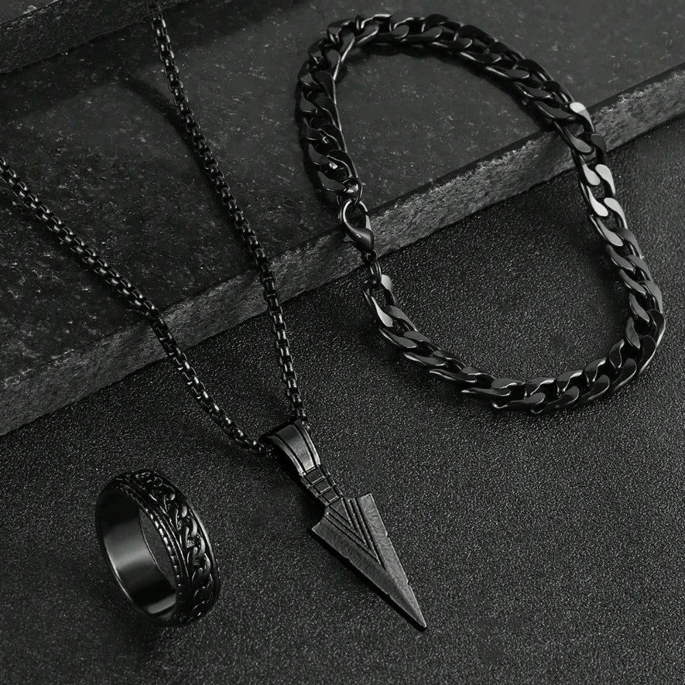 Ensemble Bijoux Croix Noir 3 Pièces – Collier, Bracelet & Bague