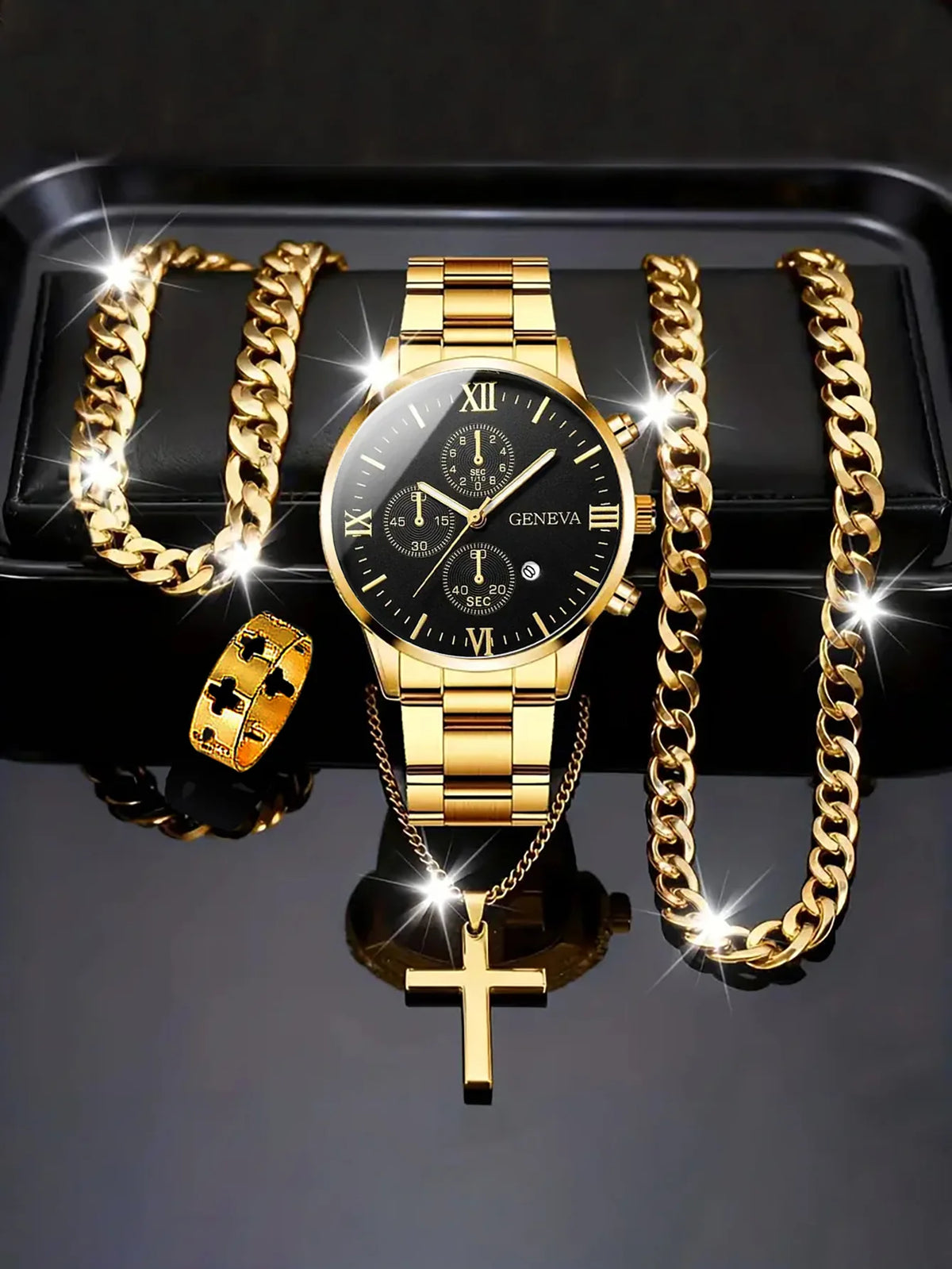 Set Orologio Uomo al Quarzo – 5 Pezzi e Gioielli