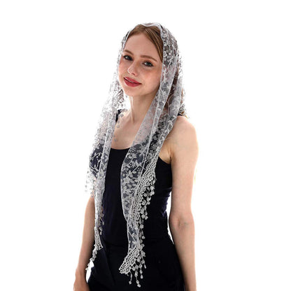 Voile mantille catholique femme en dentelle brodée – châle de prière, église et mariage