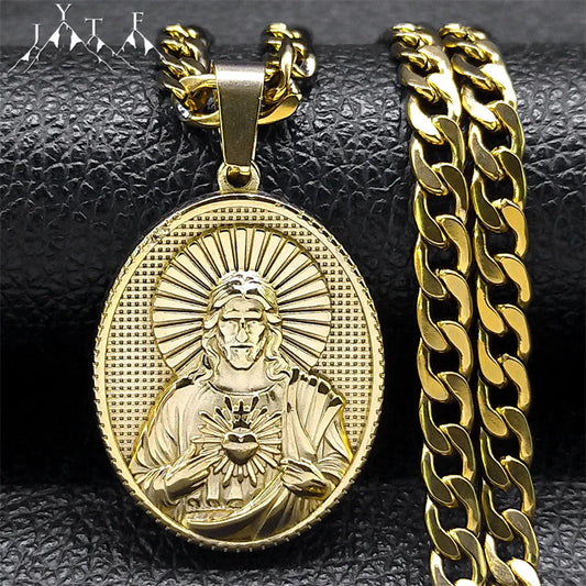 Collier Sacré-Cœur de Jésus plaqué or – médaille catholique unisexe
