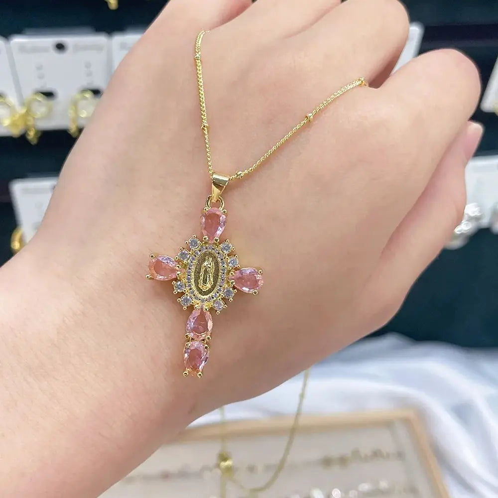Virgin of Guadalupe Cross Necklace with Zircon – Unisex Catholic Jewelry