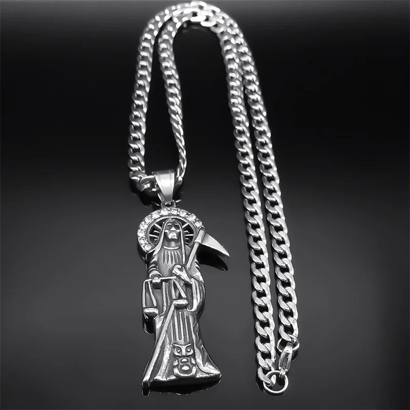 Collier Santa Muerte homme en acier inoxydable – pendentif faucheuse argenté