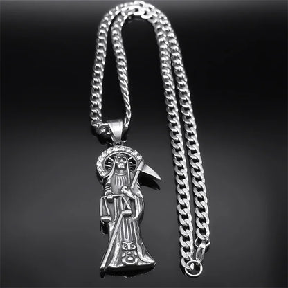Collier Santa Muerte homme en acier inoxydable – pendentif faucheuse argenté