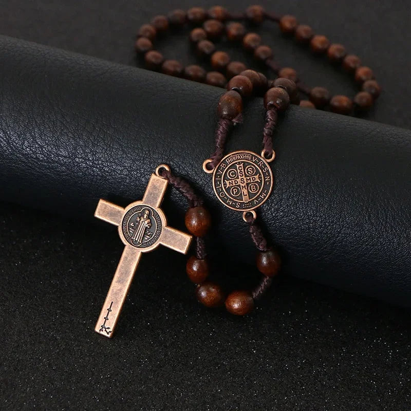 Wooden rosary bead necklace with Jesus cross - Orthodox religious jewelry