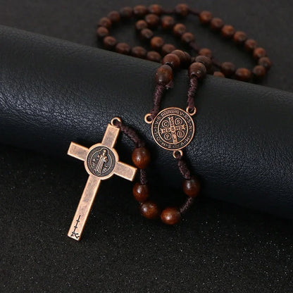 Wooden rosary bead necklace with Jesus cross - Orthodox religious jewelry