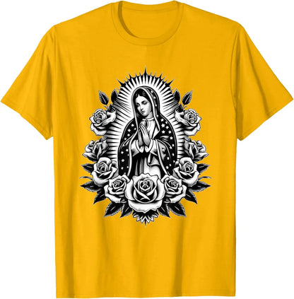 T-shirt Vierge de Guadalupe et roses – imprimé catholique floral pour homme