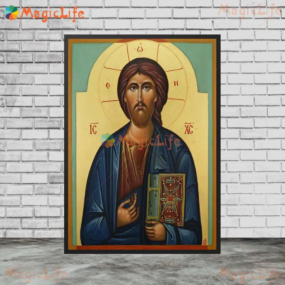Icône religieuse du Christ Pantocrator – Tableau orthodoxe sur toile sans cadre pour église et décoration murale