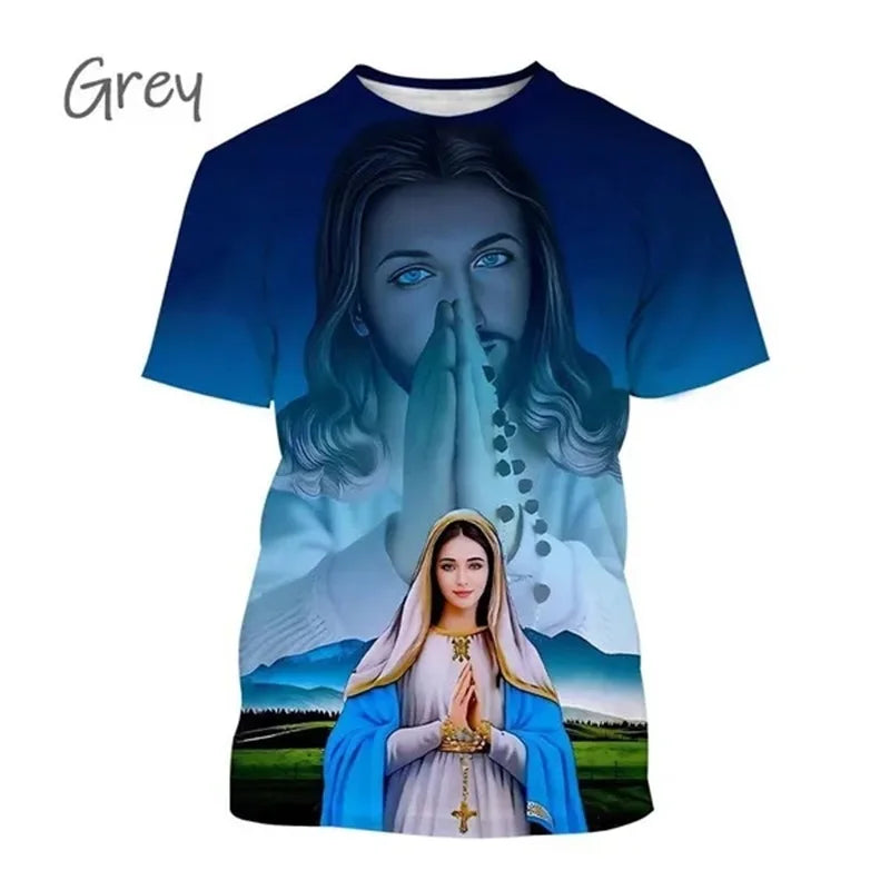 T-Shirt Vierge Marie & Jésus – Impression 3D, Unisexe, Oversize