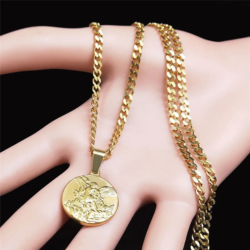 Collier Archange Saint Michel Doré – Pendentif Spirituel de Protection en Acier Inoxydable pour Homme et Femme