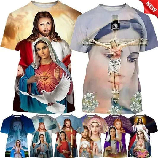 T-Shirt Vierge Marie & Jésus – Impression 3D, Unisexe, Oversize