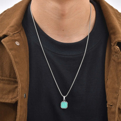 Collier Pendentif Pierre Turquoise & Boussole – Acier Inoxydable Homme