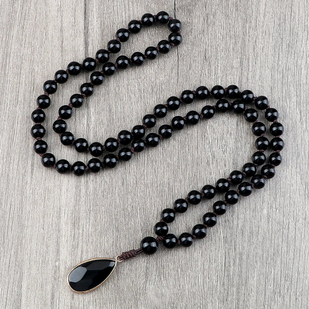 Matte black onyx bead necklace with drop pendant - unisex meditation jewelry