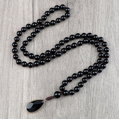 Matte black onyx bead necklace with drop pendant - unisex meditation jewelry