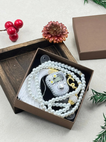 Compteur 99 perles imitation nacrées avec fleurs diamantées – Coffret cadeau élégant