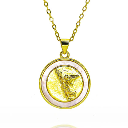 Pendentif Archange Saint Michel Doré – Médaille Religieuse Catholique avec Bord Coquillage et Zircons