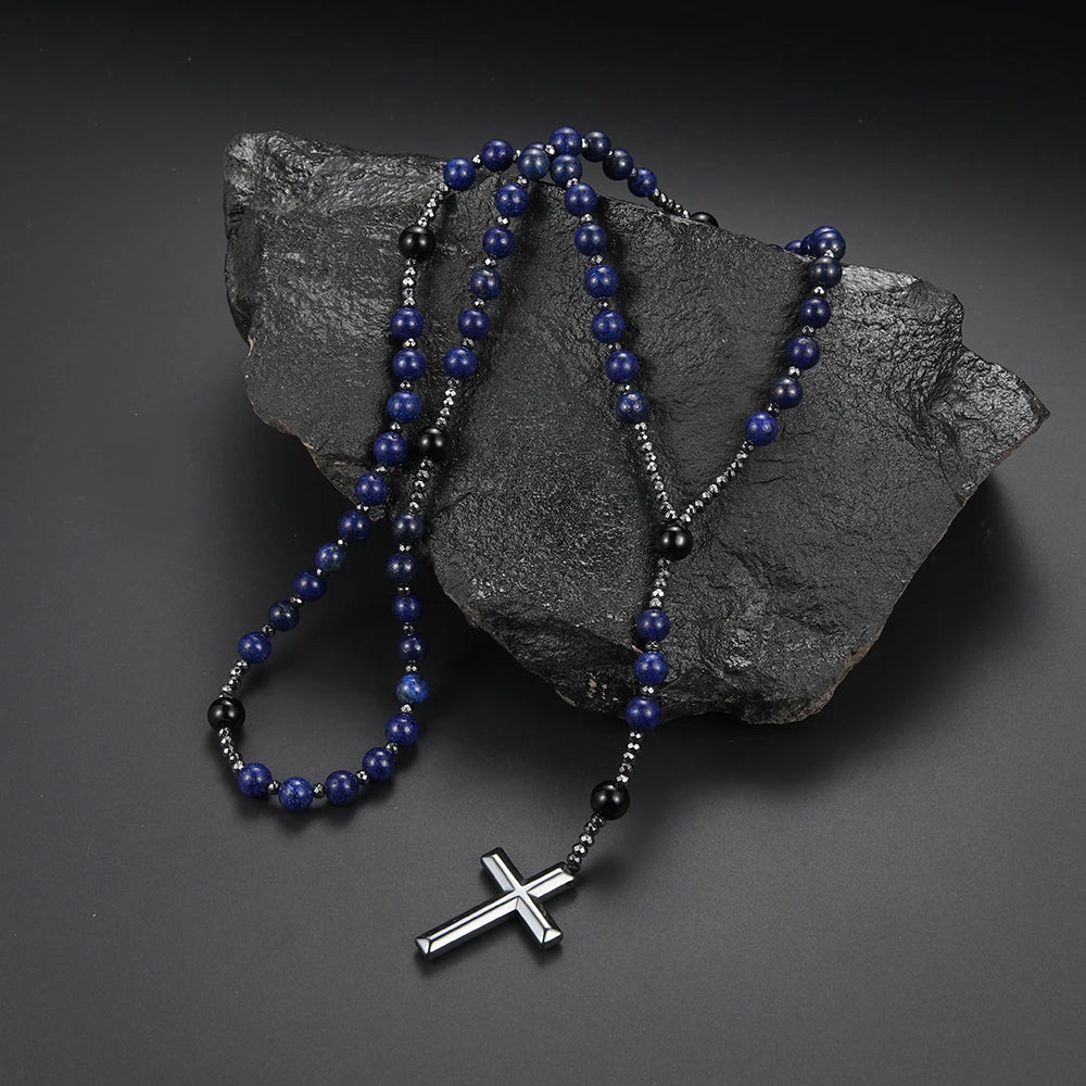 Rosenkranzkette aus blauen Steinen mit Kreuz – religiöser Unisex-Schmuck