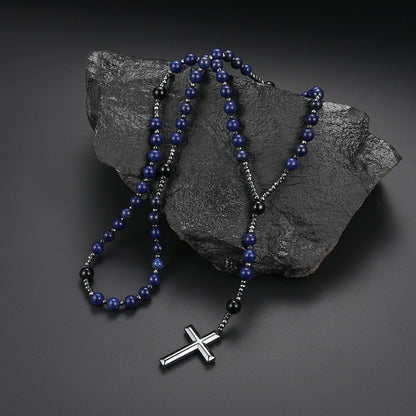 Rosenkranzkette aus blauen Steinen mit Kreuz – religiöser Unisex-Schmuck