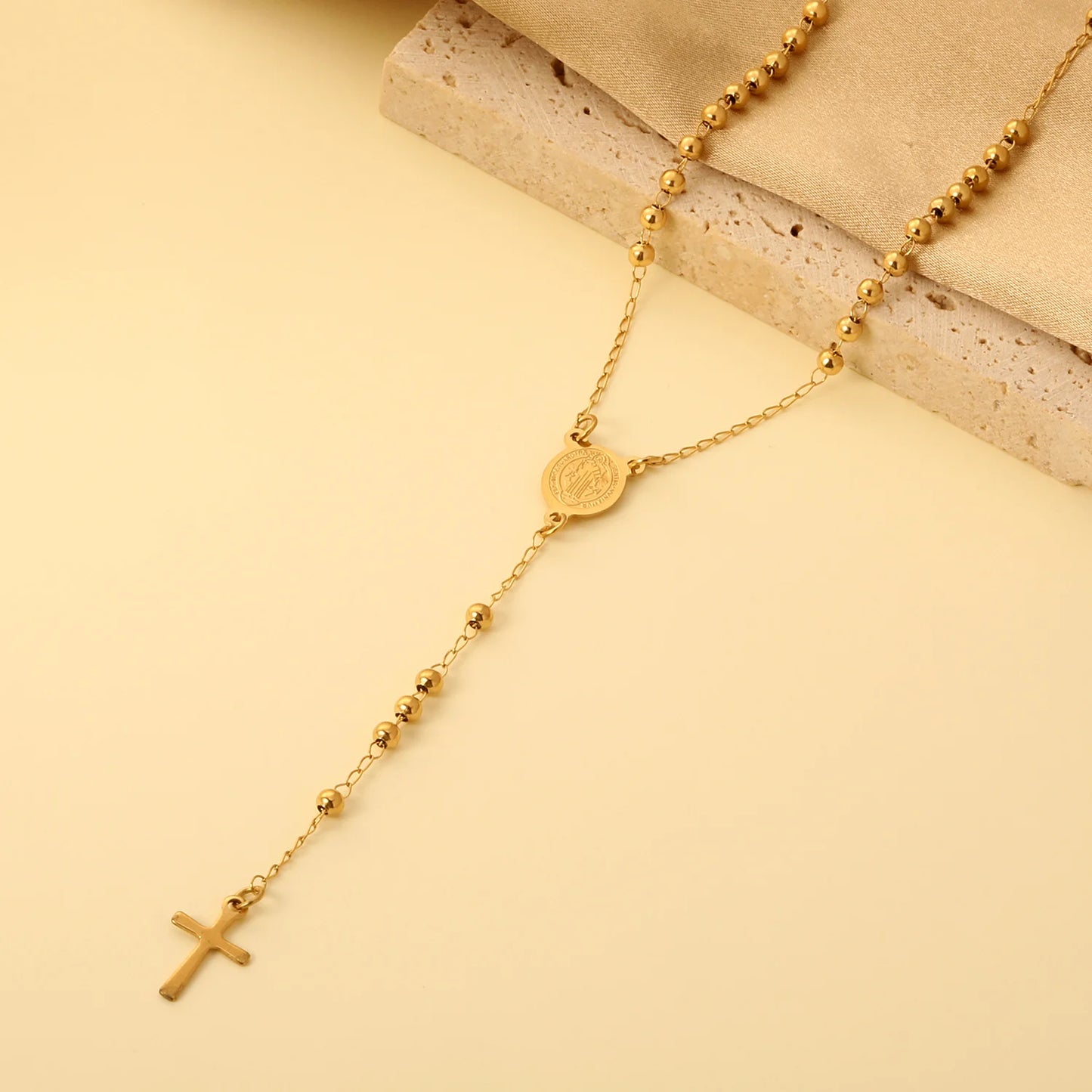 Collier Rosaire Catholique Doré en Acier Inoxydable – Pendentif Croix de Prière