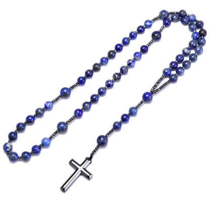 Collier Rosaire Catholique en Lapis-Lazuli Naturel avec Croix en Hématite