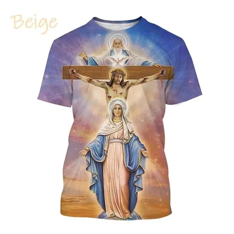 T-Shirt Vierge Marie & Jésus – Impression 3D, Unisexe, Oversize