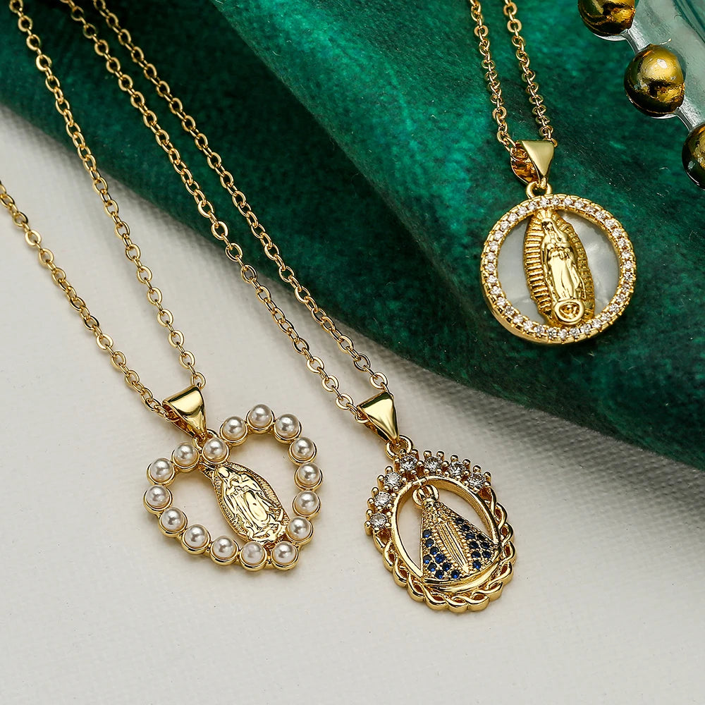 NEWBUY Hochwertiger Damenschmuck religiöser Art aus Kupfer mit Zirkonia-Einlage, Jungfrau-Maria-Anhänger, Edelstahlhalskette