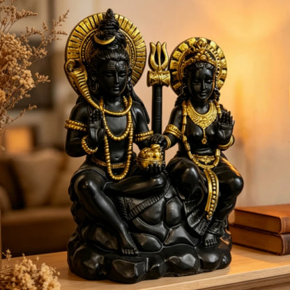 Statue Shiva & Parvati noire et dorée – Décoration hindoue en résine