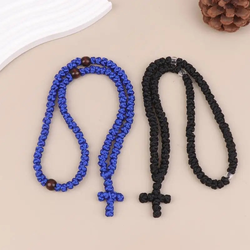 Collier Komboskini Orthodoxe Noir/Bleu – Corde de Prière Artisanale avec Croix