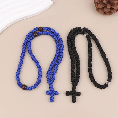 Collier Komboskini Orthodoxe Noir/Bleu – Corde de Prière Artisanale avec Croix