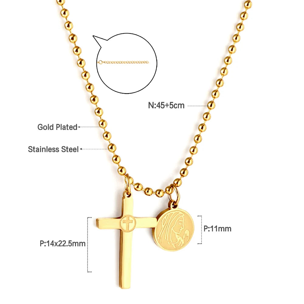 Collier Rosaire Catholique Doré en Acier Inoxydable – Pendentif Croix de Prière