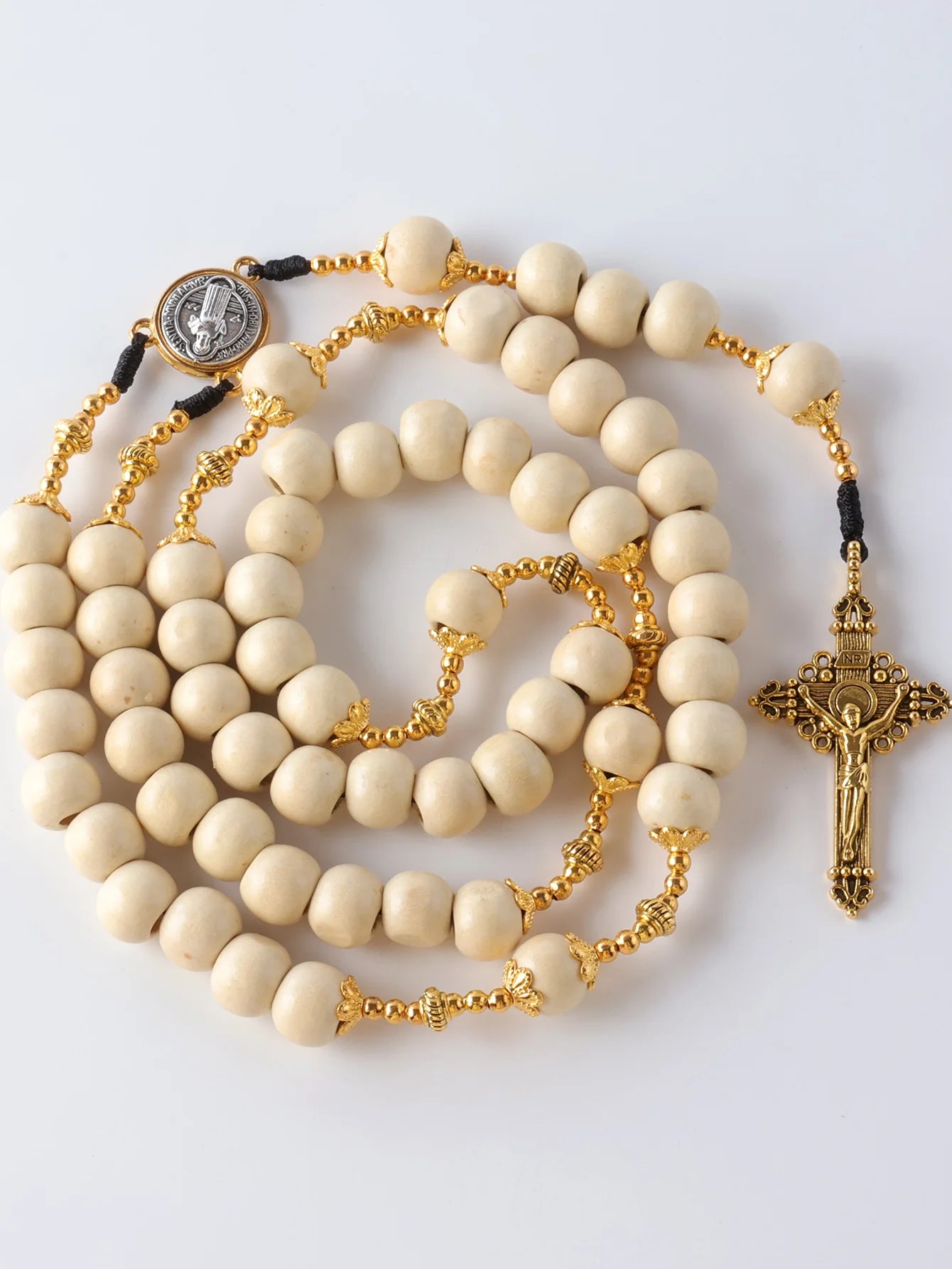 Collier Chapelet Catholique Vintage en Bois – 59 Perles 10 mm avec Croix, Fait Main