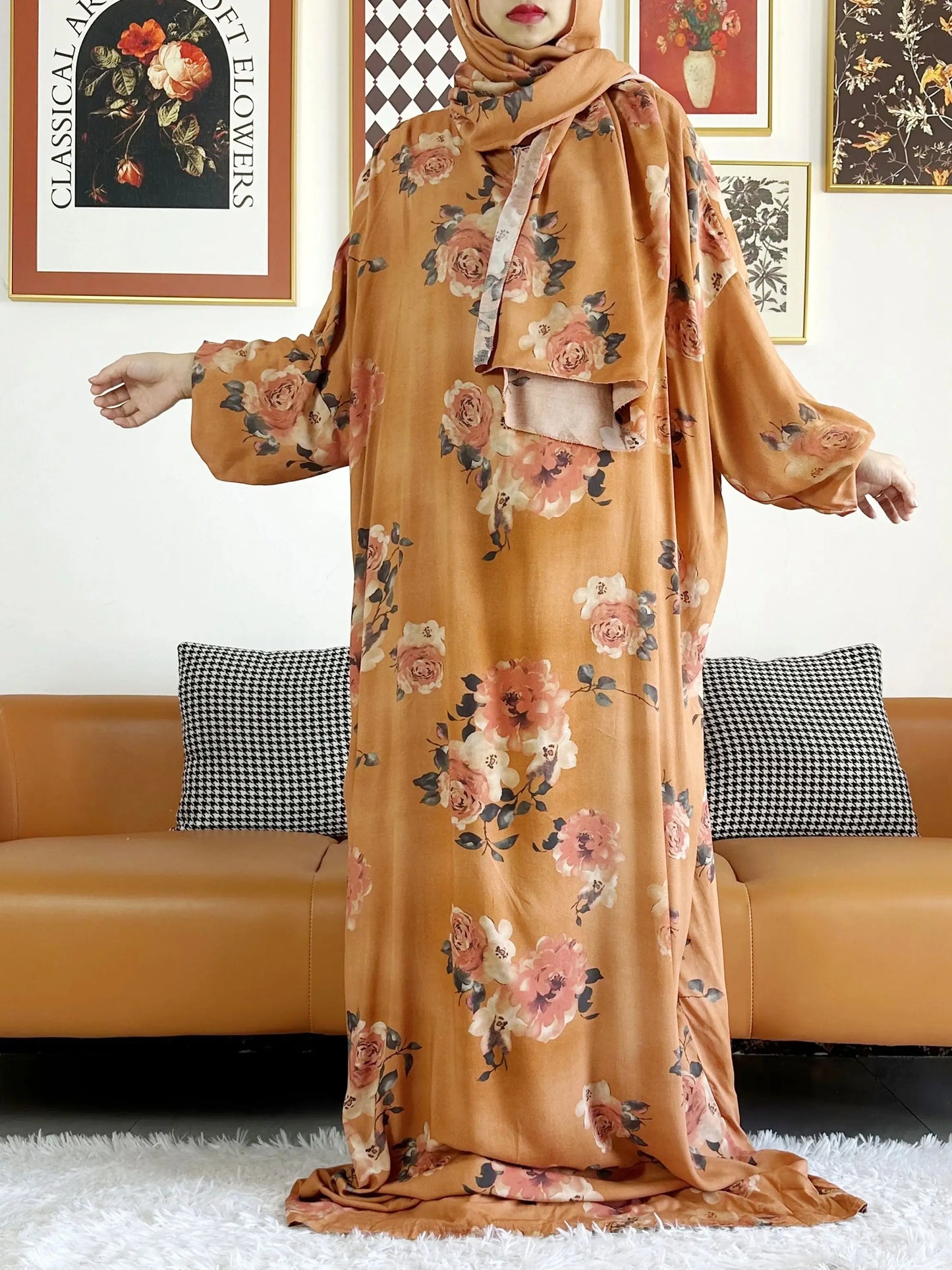 Abaya longue 6XL en coton avec hijab intégré – Robe de prière Ramadan