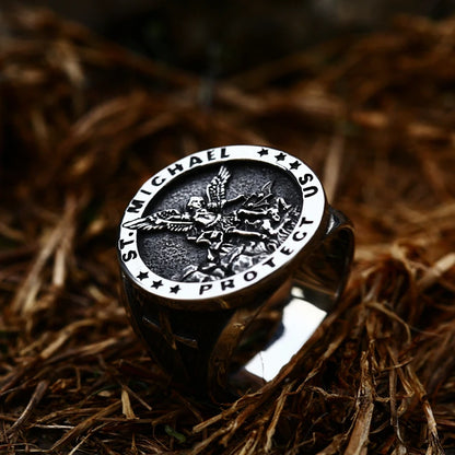 Bague Saint Christophe et Saint Michel en acier inoxydable – bijou religieux pour homme