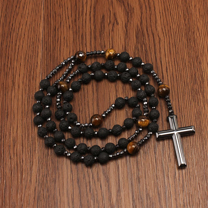 Collier long en pierre de lave et œil-de-tigre avec croix – bijou religieux pour homme