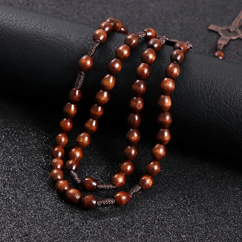 Wooden rosary bead necklace with Jesus cross - Orthodox religious jewelry