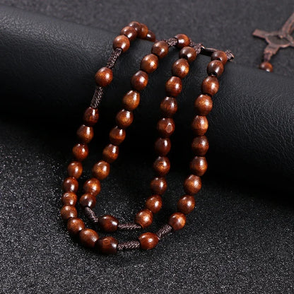 Wooden rosary bead necklace with Jesus cross - Orthodox religious jewelry