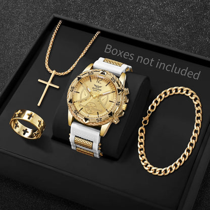 Coffret Montre Homme Cadran Arabe 4 Pièces – Montre Quartz & Bijoux
