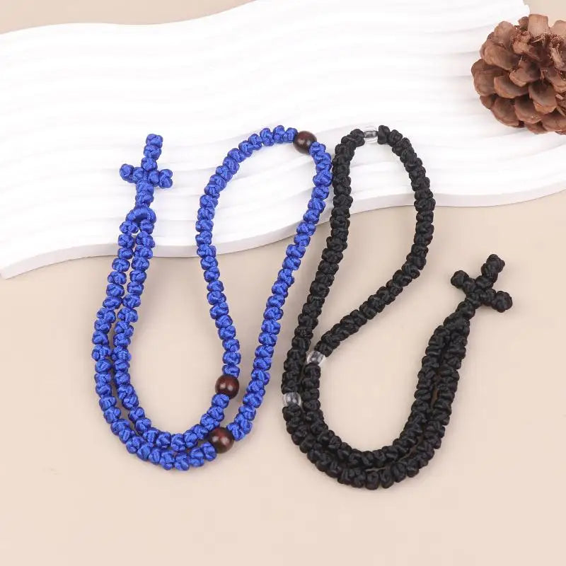 Collier Komboskini Orthodoxe Noir/Bleu – Corde de Prière Artisanale avec Croix