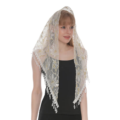 Voile mantille catholique femme en dentelle brodée – châle de prière, église et mariage