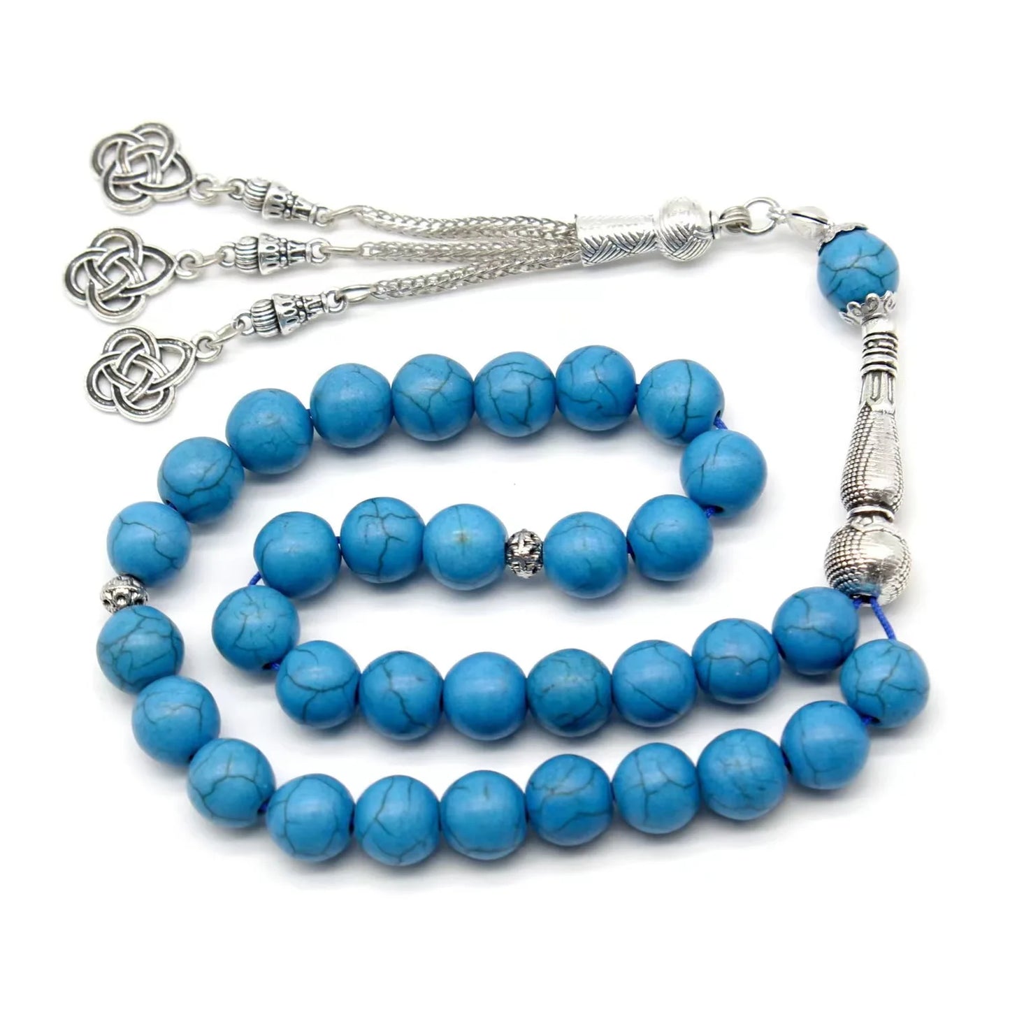 Tasbih Turquoise en Pierre Naturelle – Chapelet Musulman 33 Perles avec Pompon Métal pour Dhikr, Namaz & Méditation – Cadeau Islamique