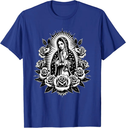 T-shirt Vierge de Guadalupe et roses – imprimé catholique floral pour homme