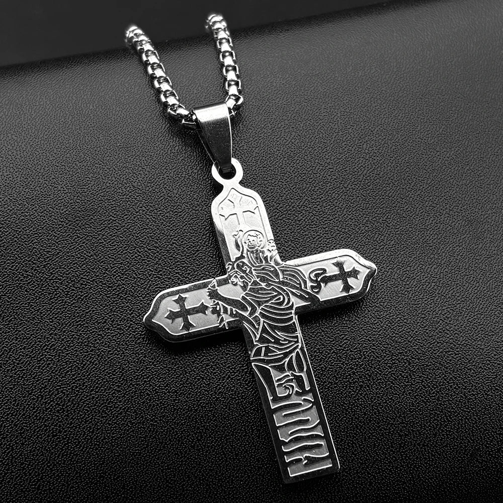Collier icône Vierge Marie et Enfant Jésus avec croix – bijou catholique unisexe